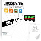 A4 Printer Paper, 80 g, White, 50 Sheets, Premium Pure White Paper, DIN A4, 21 x 29.7 cm, Copy Paper, Laser and Inkjet Printe