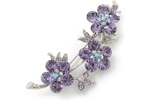AVALAYA Broche Estilo Floral con cristales Swarovski color púrpura claro en platinado de rodio