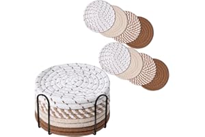 BRILLIRARE Drink Coasters 8 Pack with Holder, 4-Color Cotton Woven Absorbent Coasters Set, Minimalist 4.3in Cup Mat for Home Decor, Dining Table, Living Room, Tabletop-Protection for Coffee Beverage-Brown