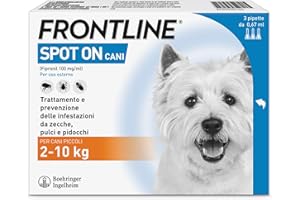 FRONTLINE Spot On, 3 Pipette, Cane Taglia S, 2-10 Kg, Antiparassitario per Cani e Cuccioli di Lunga Durata, Protegge da Zecche, Pulci e Pidocchi, Antipulci in Confezione da 3 Pipette