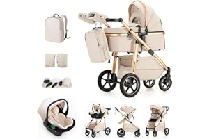 Kakbgee 3 en 1 Poussette Combinées, Poussettes Poignée à Hauteur Réglable, Poussette Canne, Système de Voyage et Avec Siège Auto, Moustiquaire, Cadre en Aluminium High Vision, 0-4Ans 22KG