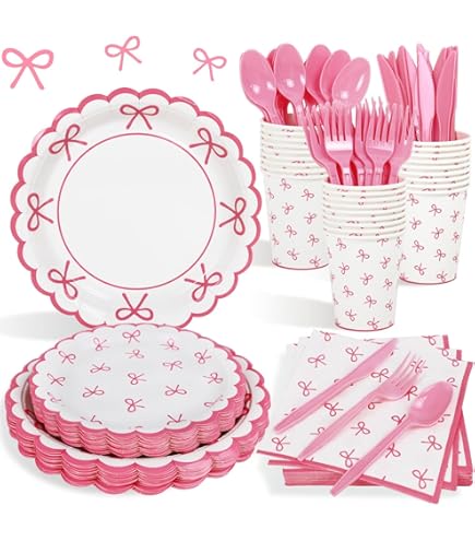 thumbnail image 2 of 96 Pcs Pink Bow Party Plates, Coquette Birthday Party Decorations Supplies Bow 2 of 10