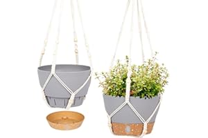 QCQHDU 2 Pack Macrame Plant Hanger Hanging Planters Set,25.4cm Indoor Outdoor Hanging Plant Pot Basket,Hanging Flower Pot with Drainage Hole with for Garden Home(Light Grey)…