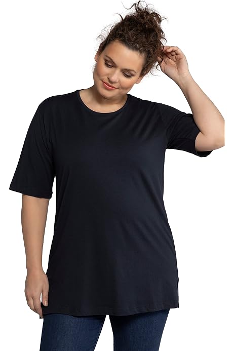 T-Shirt Femme Ulla Popken - Col Rond à Plis - Modal Doux - Manches Mi-Longues