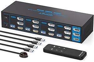 AILVLVNG 4K144Hz 2 Displayport+HDMI 4 PC 3 Monitor Switch KVM 8K60Hz KVM Commutatore Supporta 4 computer che condividono 3 monitor e 4 porte USB 3.0, come tastiere mouse stampanti e dischi U