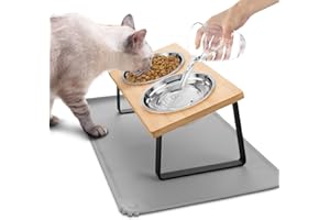 Vmglgig Cat Bowl, 2PCS Stainless Steels Cat Food Bowls With 15° Tilted Wood Stand, Raised Cat Bowls for Food and Water, Bamboo Cat Feeding Station with Cat Food Mat for Cats and Puppy (2 Bowls)