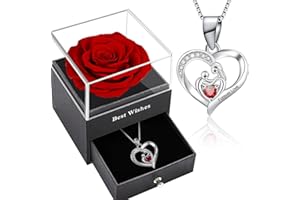 SWEETIME for Mum,Forever Rose Box with Heart Silver Necklace,Eternal Rose with Mother and Baby Garnet Pedant,Crystal Necklace for Mother and Daughter Gifts,Preserved Real Rose Birthday Gift.