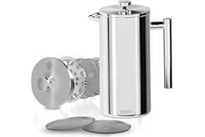 KICHLY Cafetière à Piston En Acier Inoxydable - Machine à Expresso et à thé Avec Triple Filtres - Verre Résistant à La Chaleur Avec Piston En Acier - Cafetière Portable - 20Oz (0,6 Liter) - Argent
