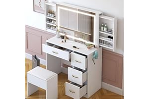 Karl home Dressing Table with Sliding Mirror & Stool Set, Vanity Table w/ 3-Color LED Lights Mirror, Bedroom Dressing Tables with 4 Drawers & Charging Socket, Hidden Storage Space, White