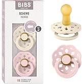 BIBS Boheme Pacifier, 6-18 Months, Pack of 2, Round Teat, Ivory/Blossom | Natural Rubber Latex | Size 2 | BPA Free | Made in
