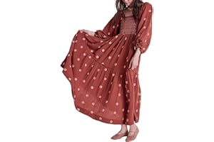 Barbotimer Women's Flower Embroidered Maxi Dress Lantern Sleeve Square Neck Tiered Flowy Spring Fall Dress