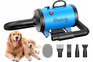 Blanlody Sèche-Cheveux pour Chien Blower - Très Silencieux - 4,5 CV / 3200 W - Moteur réglable - Souffleur de Soins pour Chien avec 4 Buses différentes - Tuyau élastique et Brosse d'entretien