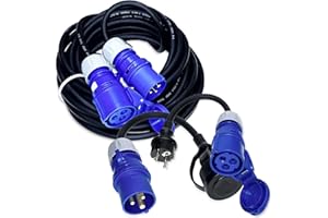 IntuiFlex CEE 230V Câble de Camping Set 10m Rallonge en câble électrique + 2X Adaptateur H07RN-F 3G2,5 IP44 3x2,5 mm 230V 16A IP44 - Prise Schuko/Prise CEE Femelle + Prise CEE mâle/Prise Femelle