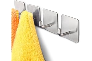 Budding Joy Adhesive Hooks Heavy Duty Stick on Wall Towel Door Waterproof Stainless Steel Holders for Hanging Clothes Bathroom Hook 4 Pack