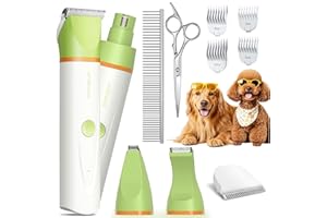 Unibono Dog Grooming Clipper Kit, Quiet Cordless Pet Clipper for Dogs & Cats, Silent Dog Cat Shaver for Paws, Claws, Eyes, Ears, Face with Grooming Scissors Comb, Green