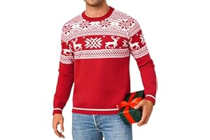 Jahetuul Jersey Navidad Hombre de Cuello Redondo Suéter Navidad Invierno Manga Larga Elegante Sueter Jerseys Navideños Manga Larga Alce Copo de Nieve Christmas Sweater Suave y Acogedor