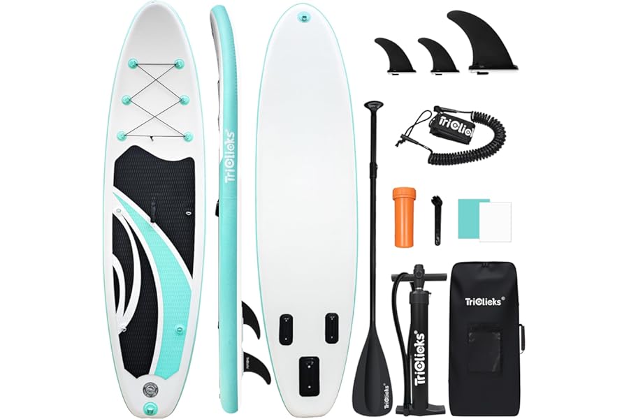 Triclicks 10ft Stand Up Paddle Boards Inflatable SUP Board Surfboard - Beginner's Kit. Adjustable Paddle, Air Pump With Pressure Guage, Fin, Repair Kit, Premium Leash & Rucksack