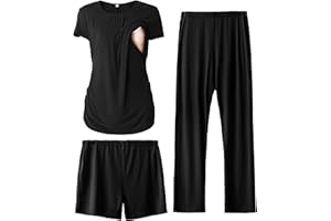 SUNNYBUY Damen Umstandsmode Stillpyjama-Set, Kurzarm-Stillshirts, Schwangerschafts-Shorts und Hosen, 3-teiliges Stillpyjama-Set