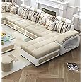 Ripple FURNITURE U Shape 9 Seater Modern Interchangeable Fabric Sofa Set with 4 Puffy (Right, Beige & White)