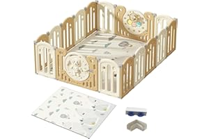 GCAREBB Laufstall Baby Faltbar, Laufstall Baby mit Matratze, Baby Laufgitter XXL mit Kindersicherung, Verstellbare Form, Spielmatte, Faltbar für Die Lagerung, Anti-Rutsch-Einstellungen (12 14 16 Paneele)