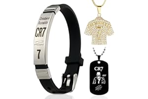 EUABLFO Lot de 3 accessoires de football avec bracelet CR7 noir et pendentif doré 3D réglable pour les fans de football et les joueurs - Bijoux sportifs - Bracelet maillot de football - Collier 7 chaînes de