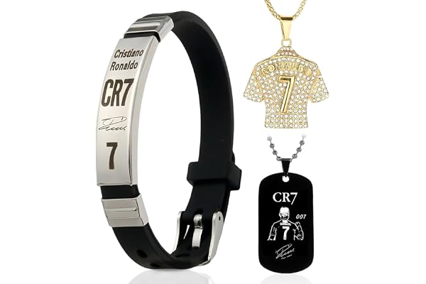 Lot de 3 accessoires de football avec bracelet CR7 noir et pendentif doré 3D réglable pour les fans de football et les joueurs - Bijoux sportifs - Bracelet maillot de football - Collier 7 chaînes de