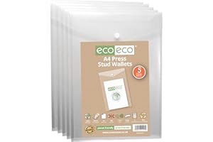 eco-eco A4 50% Recycled Clear Transparent Portrait Press Stud Popper Wallet, Plastic Folders 330x235mm (Pack of 5), 200mic, eco157