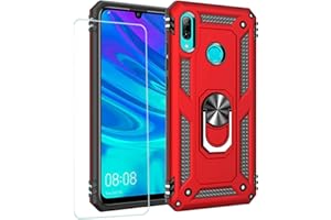 JOYTAG Hülle für Huawei P Smart 2019，handyHülle+ Gehärtetes Glas Schutzfolie Silikon TPU 360 Grad Drehring aus Halter magnetisch Autotelefon case-Rote