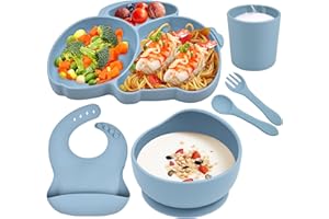 Hoseay Vajilla Bebe Silicona Plato y Cuenco con Ventosa Babero Cuchara Tenedor 6 Piezas Plato Infantil Sin BPA, Antivuelco Vajilla Niño Niña Regalo Bebé Alimentación Aprendizaje Set, Azul Conejo