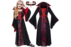 Cnexmin vampyrdräkt barn gotisk vampyr drottning fin utklädnad för flickor med pannband, kraghalsband och tillfälliga tatueringar, svart röd halloweenkostym för flickor cosplay fest