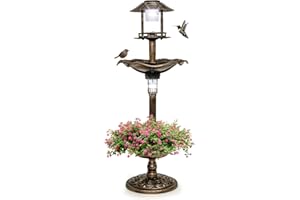 GYMAX Bain d'oiseaux, Abreuvoir sur Pied, Mangeoire avec 2 Lampes Solaire, Jardinière de Fleurs, Léger et Remplissable, Décoration pour Extérieur (Cuivre)