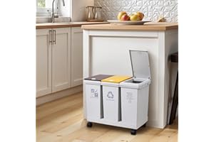 Warmiehomy Recycling Bins 36L Triple Compartments Bin Press Dry Wet Separation Waste Bin with Lids Detachable Rubbish Bin with Wheels Kitchen Trash Can for Living Room, Bathroom,51x28x43cm