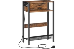CHOEZON Side Table with Charging Station, Narrow End Table, Slim Nightstand for Small Space, Skinny Beside Table with Storage, for Living Room, Bedroom, Rustic Brown and Black DTBZ05KBF
