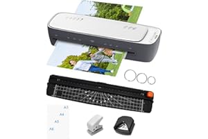 Qfun Plastifieuse A3, Machine à Plastifier Thermique et à Froid avec 12 Pochettes pour A3/A4/A5/A6, 55 x 125 mic, Coupe-papier et Arrondisseur d'angle de Plastification pour Bureau Maison École