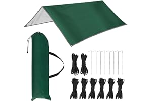 QWORK® Camping Tent Tarp 3m x 3m, Waterproof 210T Polyester Ripstop Fabric, Includes 8 Aluminium Pegs and 8 Nylon Ropes, for Camping Hiking Outdoor Sports