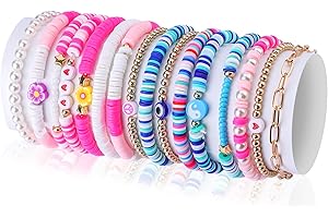KINBOM 16 Pièces Bracelet Bohème, Bracelets Arc-En-Ciel Faits à la Main Preppy Bracelet à Disque Boho Bracelet Extensible en Perles Heishi pour Femme Bijoux de Plage d'Été