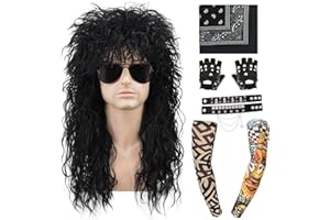 JUZIVIEE Vokuhila Perücke Herren 6pcs Set 80er Jahre Outfit Herren Faschingskostüme Männer 80er Jahre Perücke Schwarz Lang Locken für Fasching Karneval Halloween VD101BK