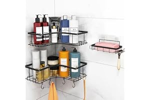 Dysaim Estanteria Ducha sin Taladrar, Estante Esquina 3 Piezas, Negro con Accesorios, Cesta Acero Inoxidable Organizador con Jabonera