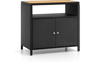 ‎COSTWAY COSTWAY Gartenschrank Rattan, Terrassenschrank mit Akazienholz-Arbeitsplatte, offenem Fach und Doppeltür, Outdoor Aufbewahrungsschrank für Garten, Terrasse, 90 x 53 x 86 cm (Schwarz)