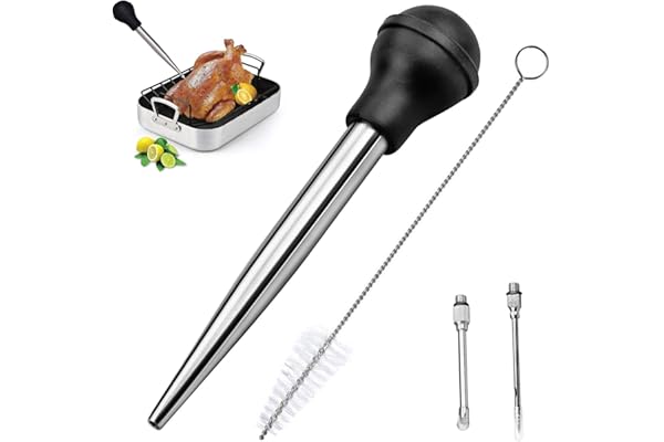 Winfred Poires à Sauce en Acier Inoxydable 304 et Caoutchouc, Poire à Jus Pipette Cuisine Aiguille d'Injection avec Brosse de Nettoyage pour Cuisson BBQ