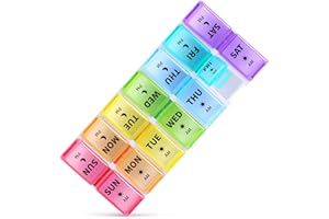 Opret Weekly Pill Organiser, Small Pill Box 7 Day 2 Times a Day for AM PM, Portable Travel Tablet Organiser with 14 Removable Compartments, for Vitamins Supplements Medication (Multicolor)