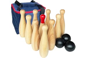 JACJOE ALL PRO Wooden Bowling Game Throwing Bottles Outdoor Lawn Game for Family Pins Game Set with Carring Bag (H 23cm, 10 pins+3 balls)