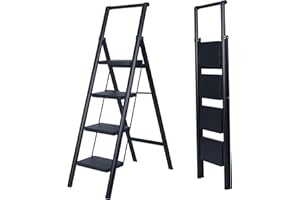 UZIRO Escabeau 4 Marches, Escabeau Pliable et Compact, Echelle Décorative avec Marche Pied Antiscivolo, Idéal pour Maison, Peinture et Décoratif, Durable, Facile à Ranger, Couleur Noir