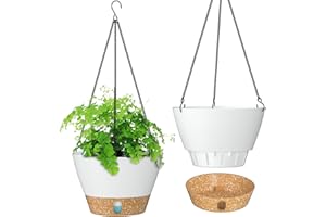 ZMTECH 25cm Hanging Plant Pots 10 Inches Hanging Planters with Saucer Drainage Holes Visible Water Level Hanging Pots for Indoor Outdoor Plants (Set of 2, White)