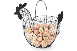 Flexzion Portauova di pollo, piccolo cestino per raccogliere uova in filo metallico con manico per uova da fattoria, frutta, verdura, cesto di pollo decorativo per cucina, stile rustico, marrone