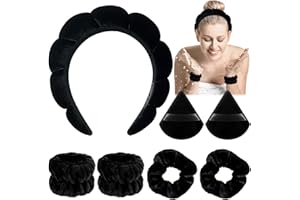 MIIOTO 7 Pezzi Fascia Skincare, Cerchietto Skincare Donna, Fascia Capelli Skincare, Elasticità Polsini per Skincare, Fascia per Capelli Donna Con Anello e Piumini da Cipria (A)