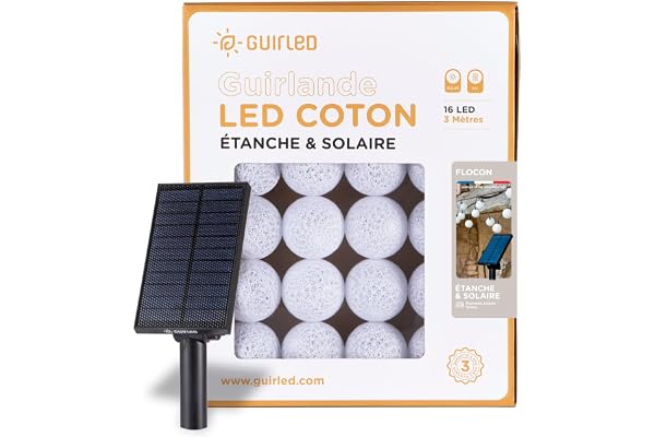 GuirLED - Guirlande d'extérieur boules lumineuses Guinguette LED - Étanche IP55 - Panneau solaire haut rendement - ON/OFF automatique - 16 boules 3m - Flocon
