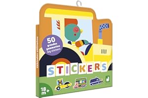 Janod - 50 Grandes Gommettes pour Enfants Formats 7x8cm - Stickers Autocollants Thème Véhicules Chantier - Pré-découpées pour Faciliter la Préhension - Développement Créativité - 18 Mois +, J09191