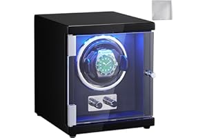 VEVOR Enrollador Automático de Relojes 1 Caja de Reloj para Relojes Automáticos con Motor Mabuchi Japonés Silencioso 5 Modos de Cuerda en Panel de Alta Densidad y LED Azul Acrílico Uso Doméstico