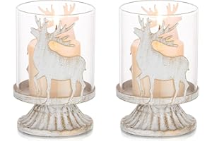 ZHSDUEWN Christmas Pillar Candle Holder, Vintage Deer Table Decorations Christmas Ornaments for the Home, Set of 2 Hurricane Candle Holders Christmas Table Candles Decorations for xmas Fireplace